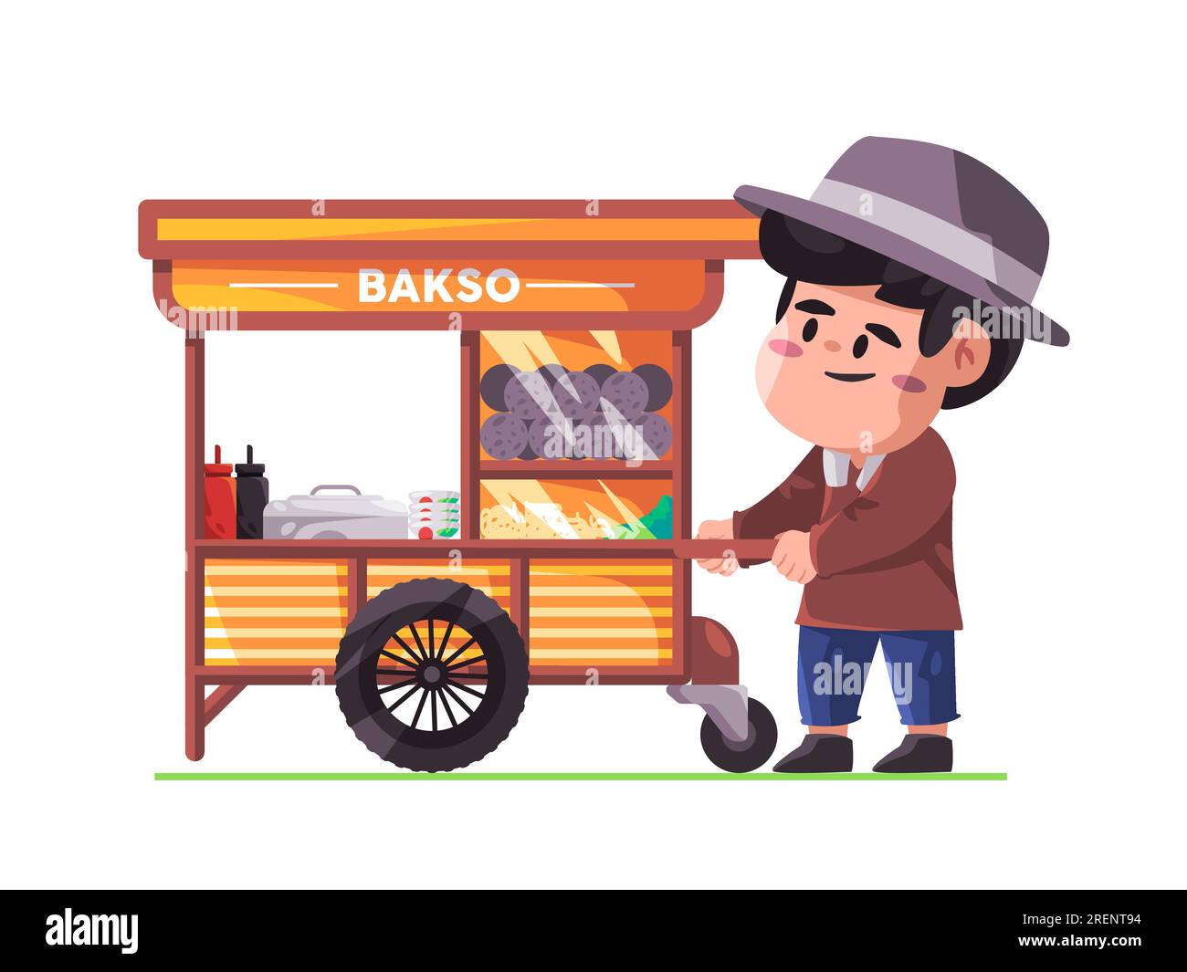 man job seller meatball street hawker delicious health indonesian food traditional local culinary Stock Vector