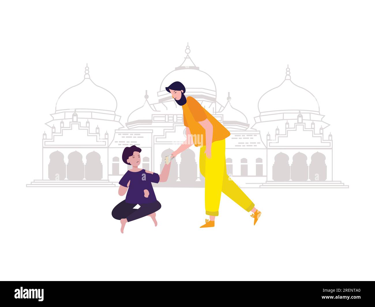 beard man alms give donation cash to support poverty poor guy wear torn clothes in outdoor mosque building islam religion Stock Vector