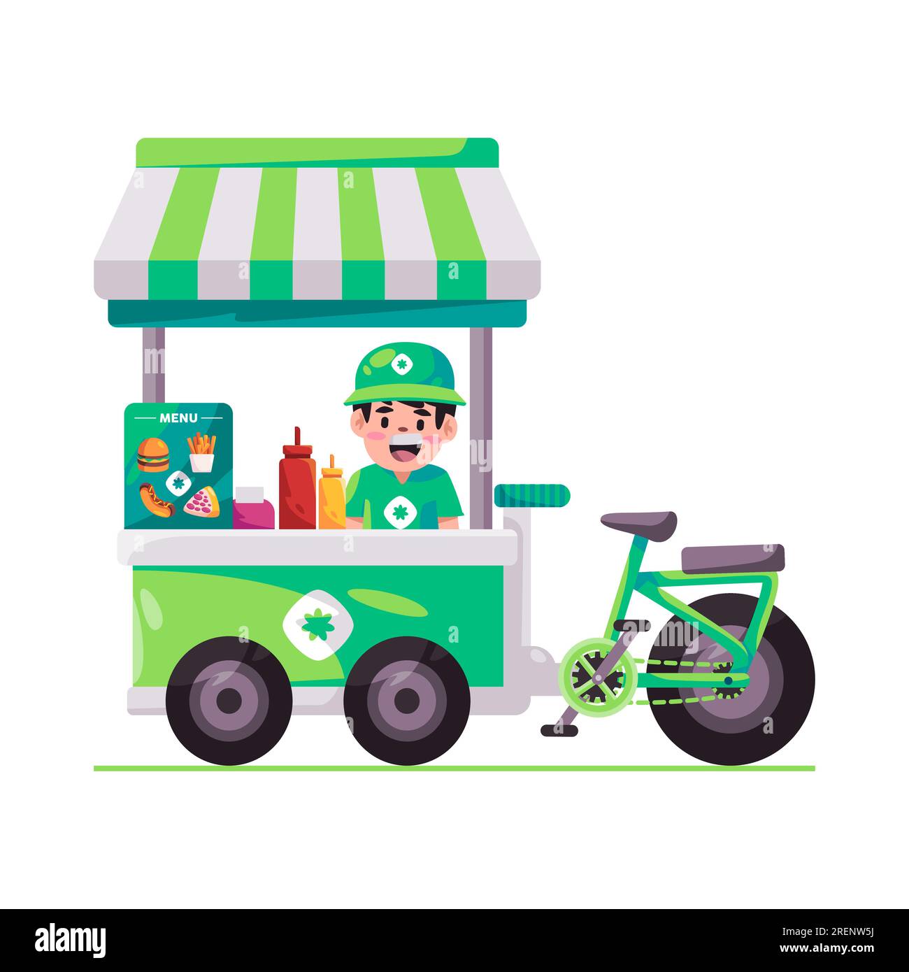 trade fast food stall vendor in street outdoor marketplace commercial and man sell with smile expression Stock Vector