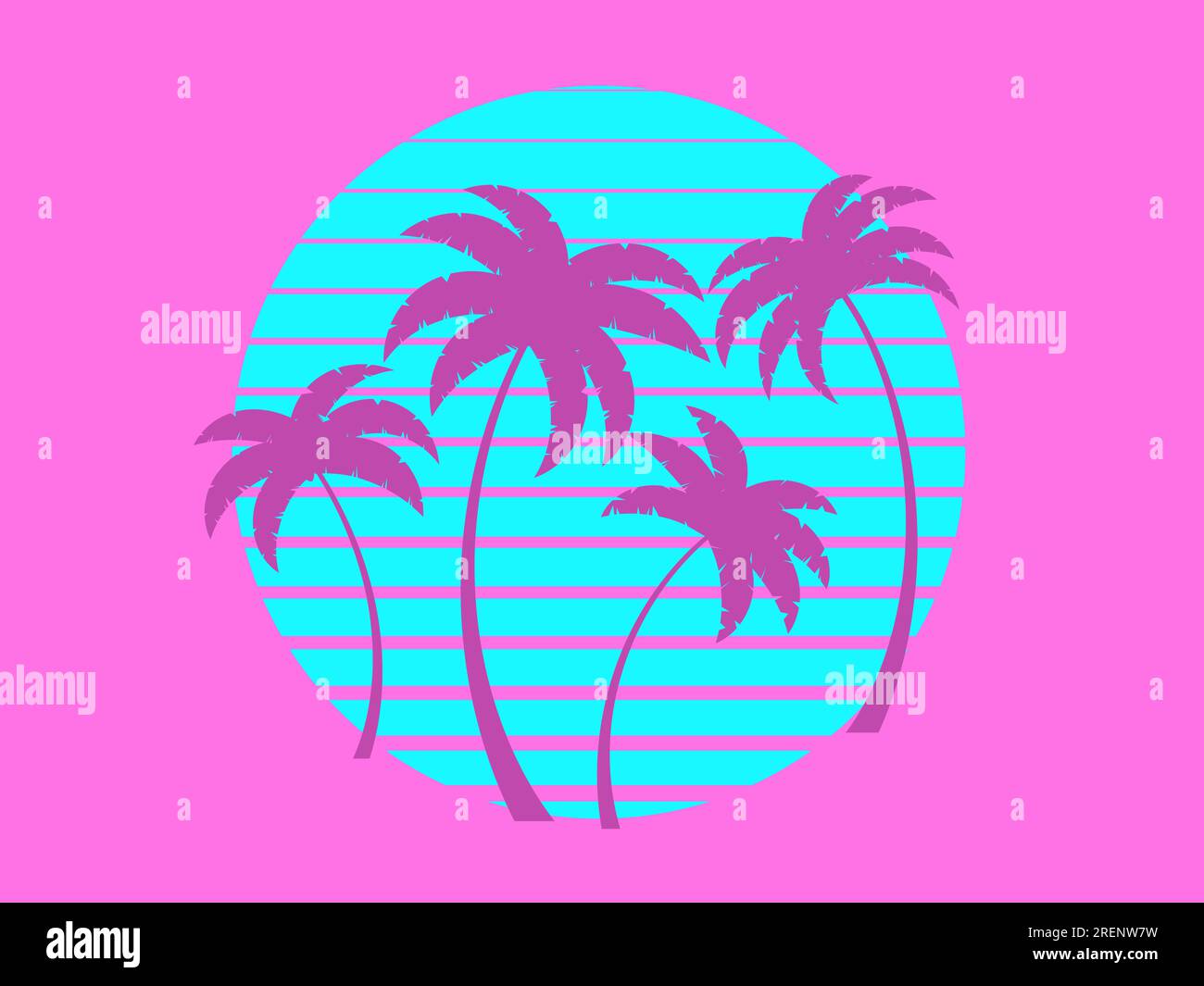 Silhouettes of palm trees at sunset in the style of the 80s. Retro ...
