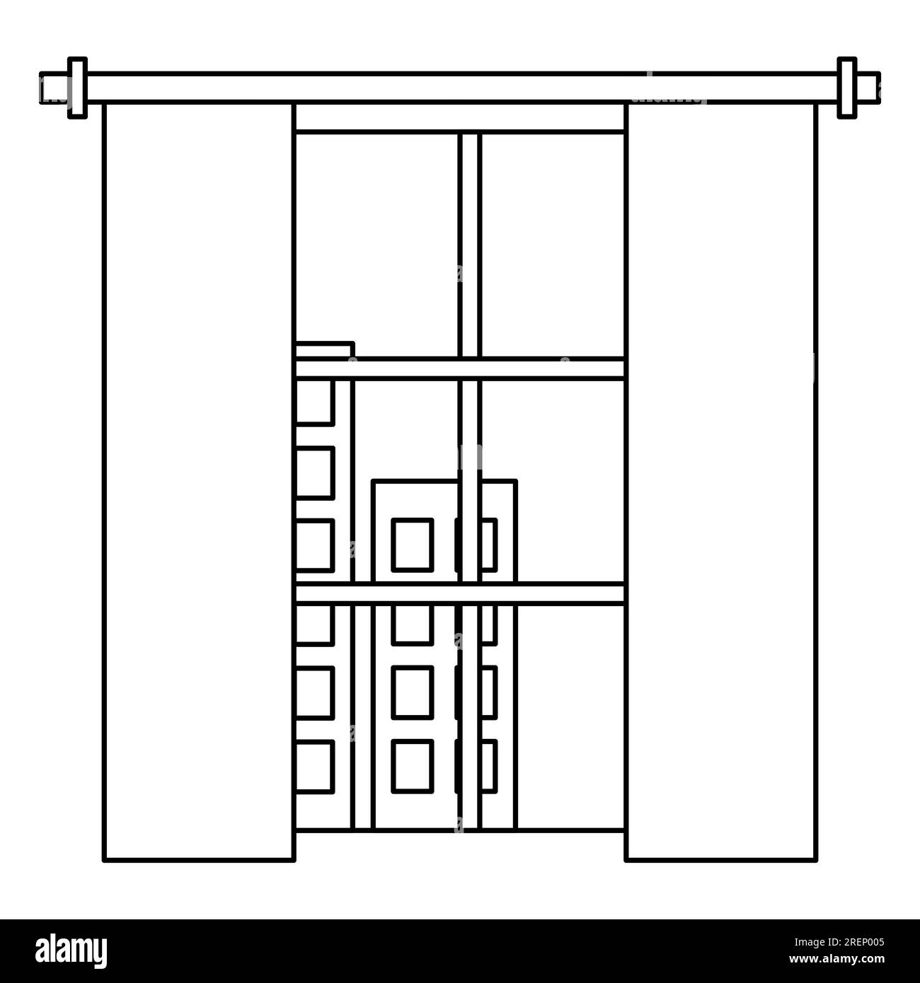 Window at home with long classic curtains, view on sky and silhouettes