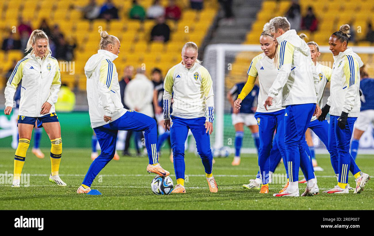 Wellington, Wellington, New Zealand. 29th July, 2023. The Sweden women's team warm up prior to kick off in the 2023 FIFA Womens World Cup Group G match between Sweden and Italy at the Wellington Regional Stadium in Wellington, New Zealand (Credit Image: ©James Foy/Alamy Live News) Stock Photo