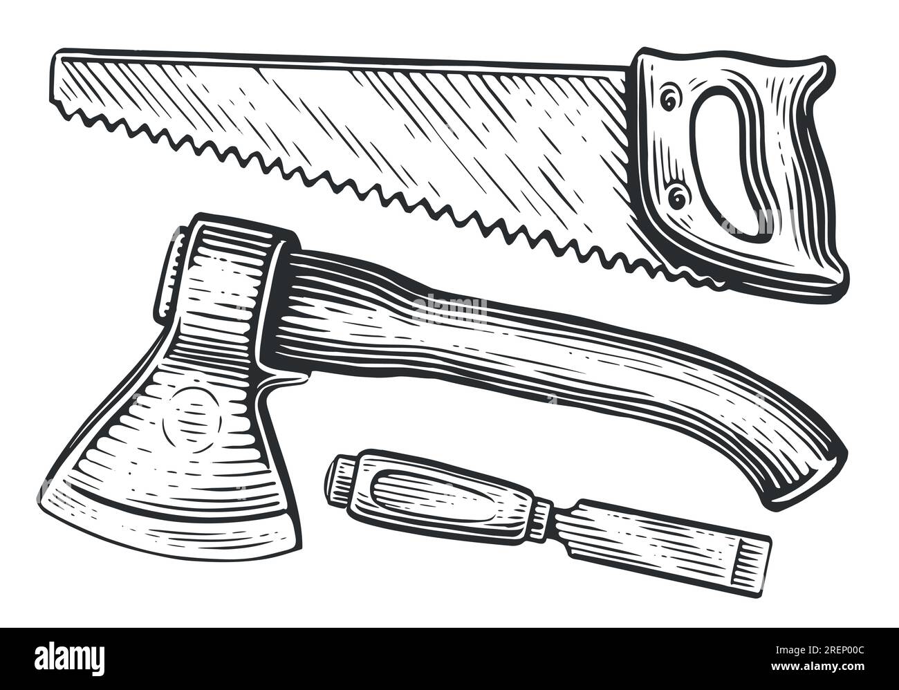 Set of woodworking and carpentry wood work tools. Hacksaw, axe, wood