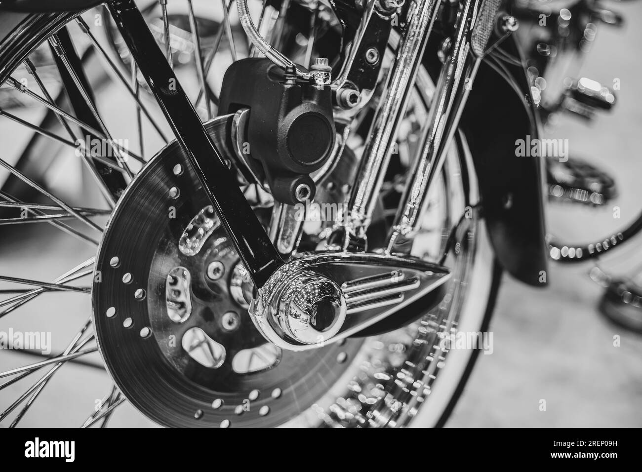 Motorcycle Chopper Chrome Front Wheel Disc Brake Custom Caliper Black and White Art Stock Photo