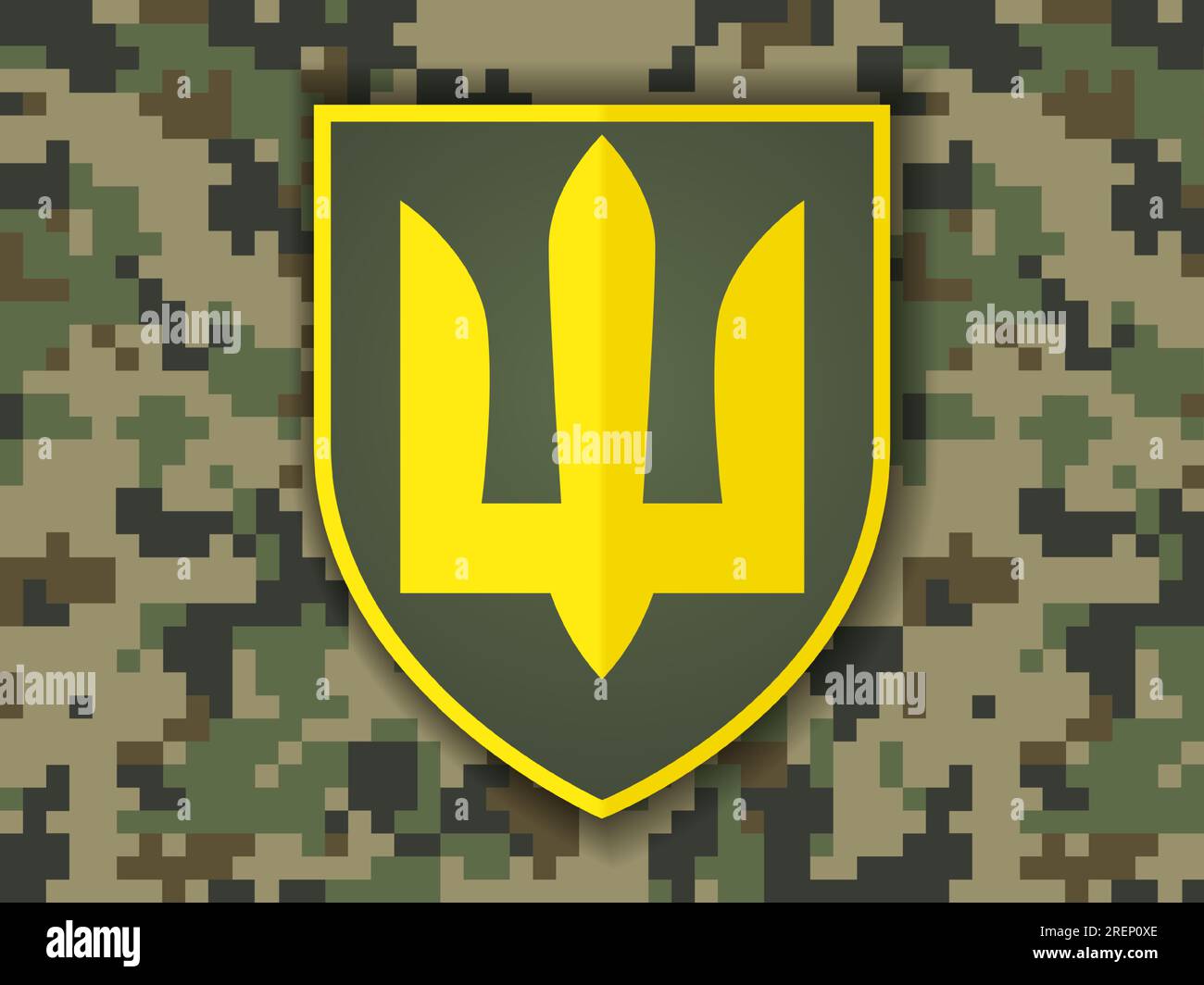 Trident on the shield of the Ukrainian army. Symbol of the army of Ukraine on pixel military pattern background. Warrior vector insignia shield Stock Vector