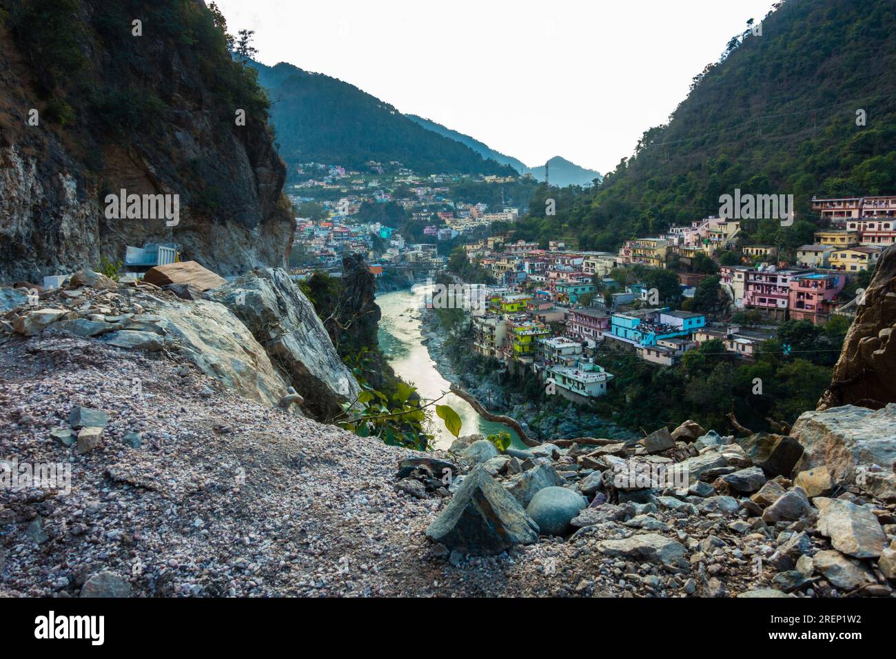 October 14th 2022, Uttarakhand, India. Karnaprayag town at the confluence of Alaknanda and Pindar River. Uttarakhand, India Stock Photo