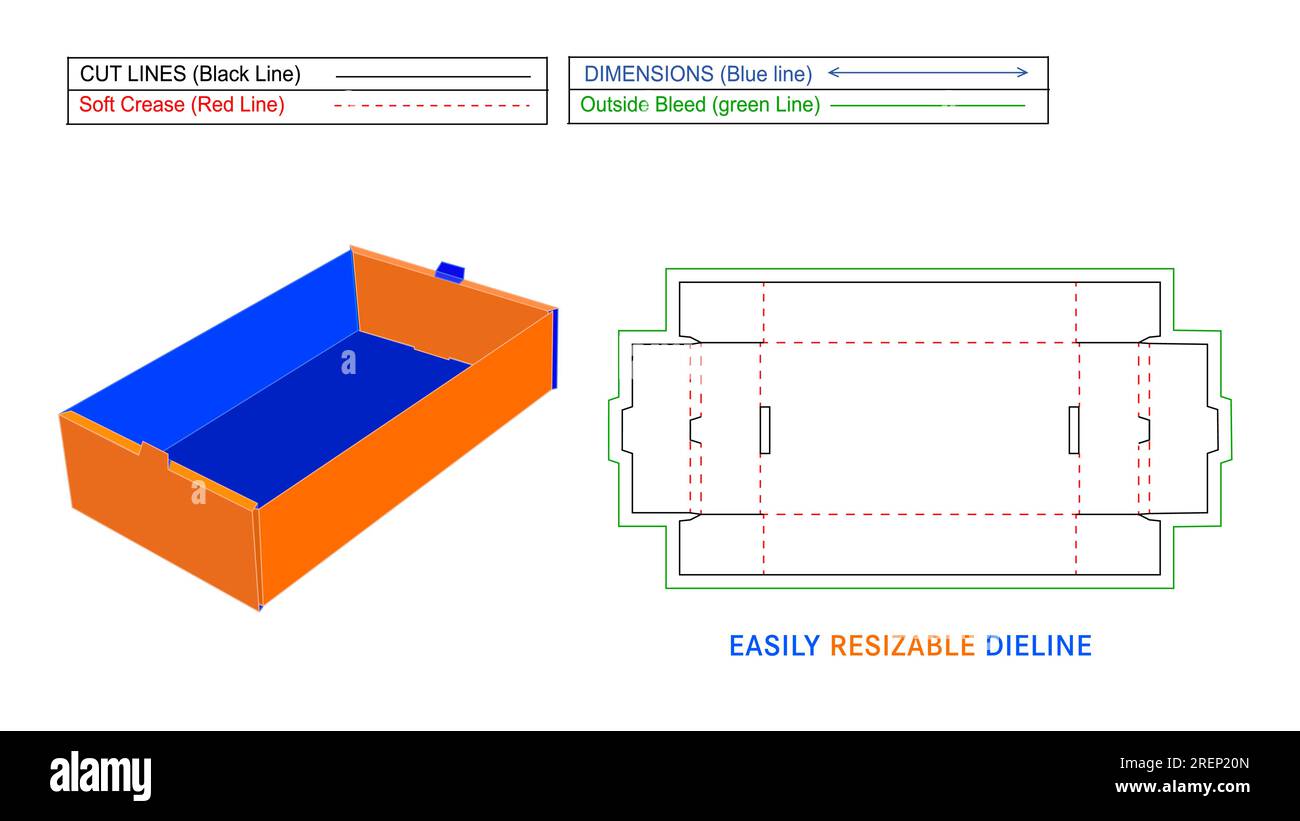 Two side double walls and side lock tray box and cardboard custom box die line template and 3D vector box Stock Vector
