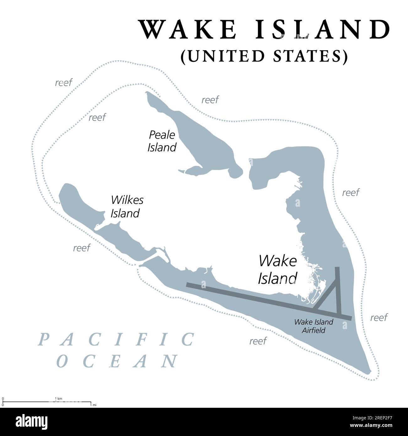 Wake Island, gray political map. Also called Wake Atoll, a coral atoll in the Pacific in the northeastern area of Micronesia. U.S. territory. Stock Photo