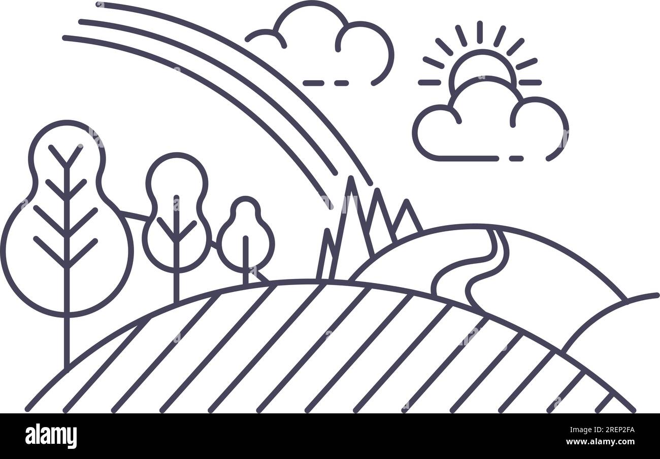 Countryside or village landscape, meadow with field of crops and trees