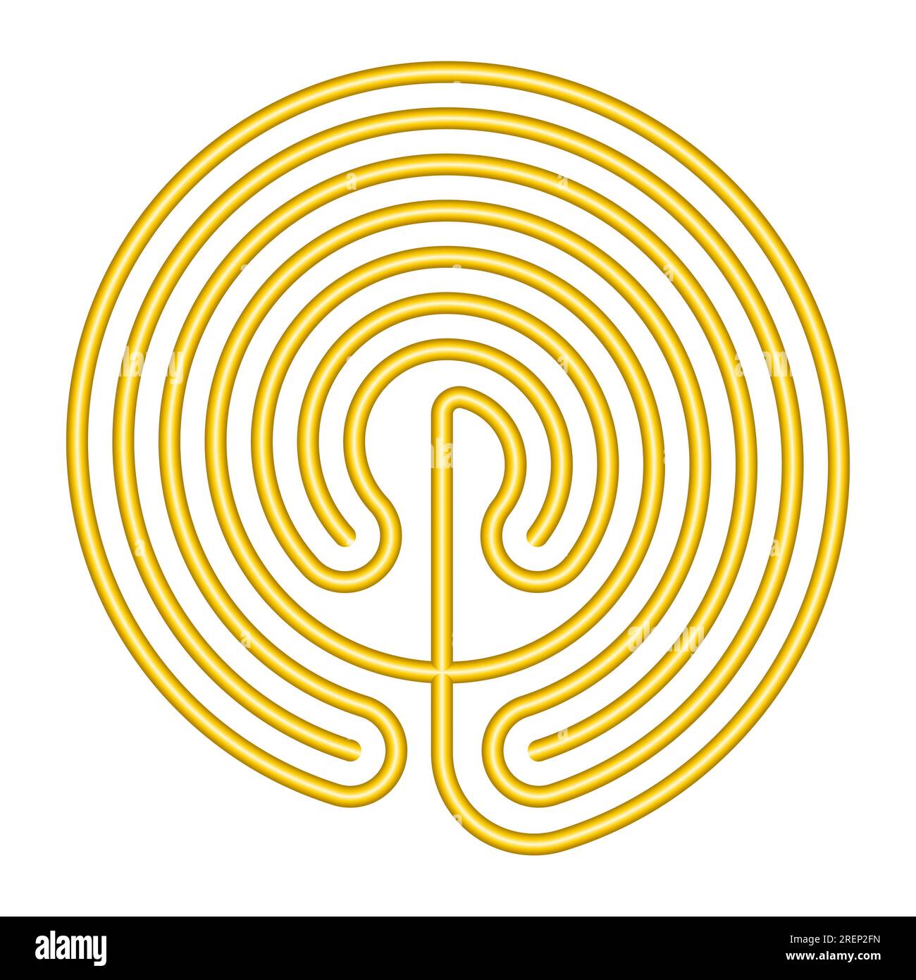 Circle shaped Cretan labyrinth, gold colored and in the classical design of a single path in 7 courses as depicted on coins from Knossos. Stock Photo