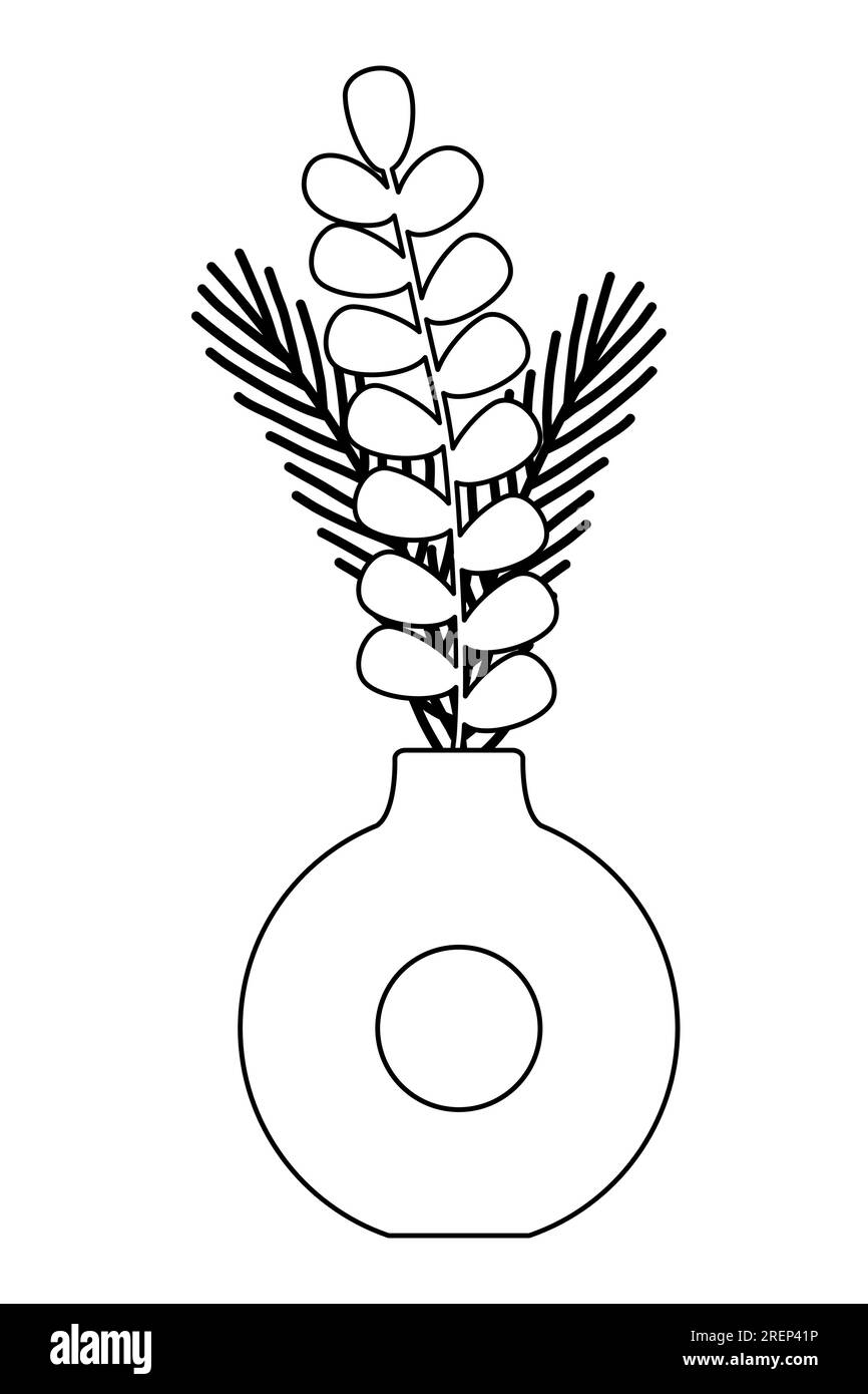 Boho style geometric shape round vase with pampas grass bouquet and eucaliptus branch, doodle style flat vector outline illustration for kids coloring book Stock Vector
