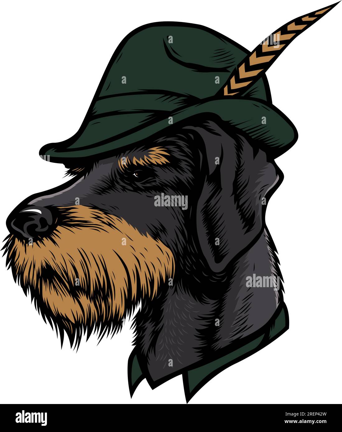 Deutsch Drahthaars Dog Character Wearing German Hunting Hat with Feather Stock Vector