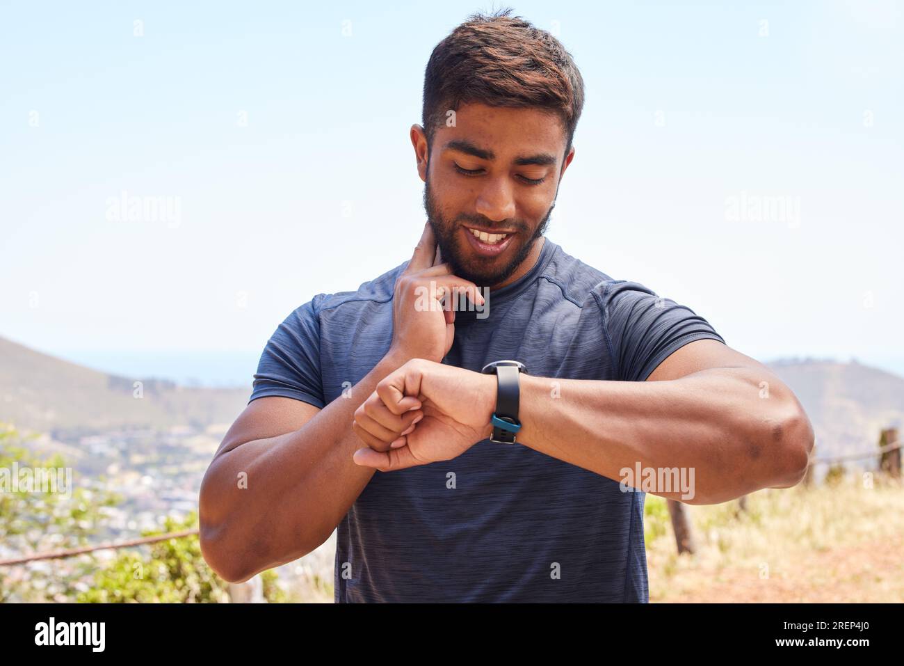 Fitness running and pulse with man watch check and training