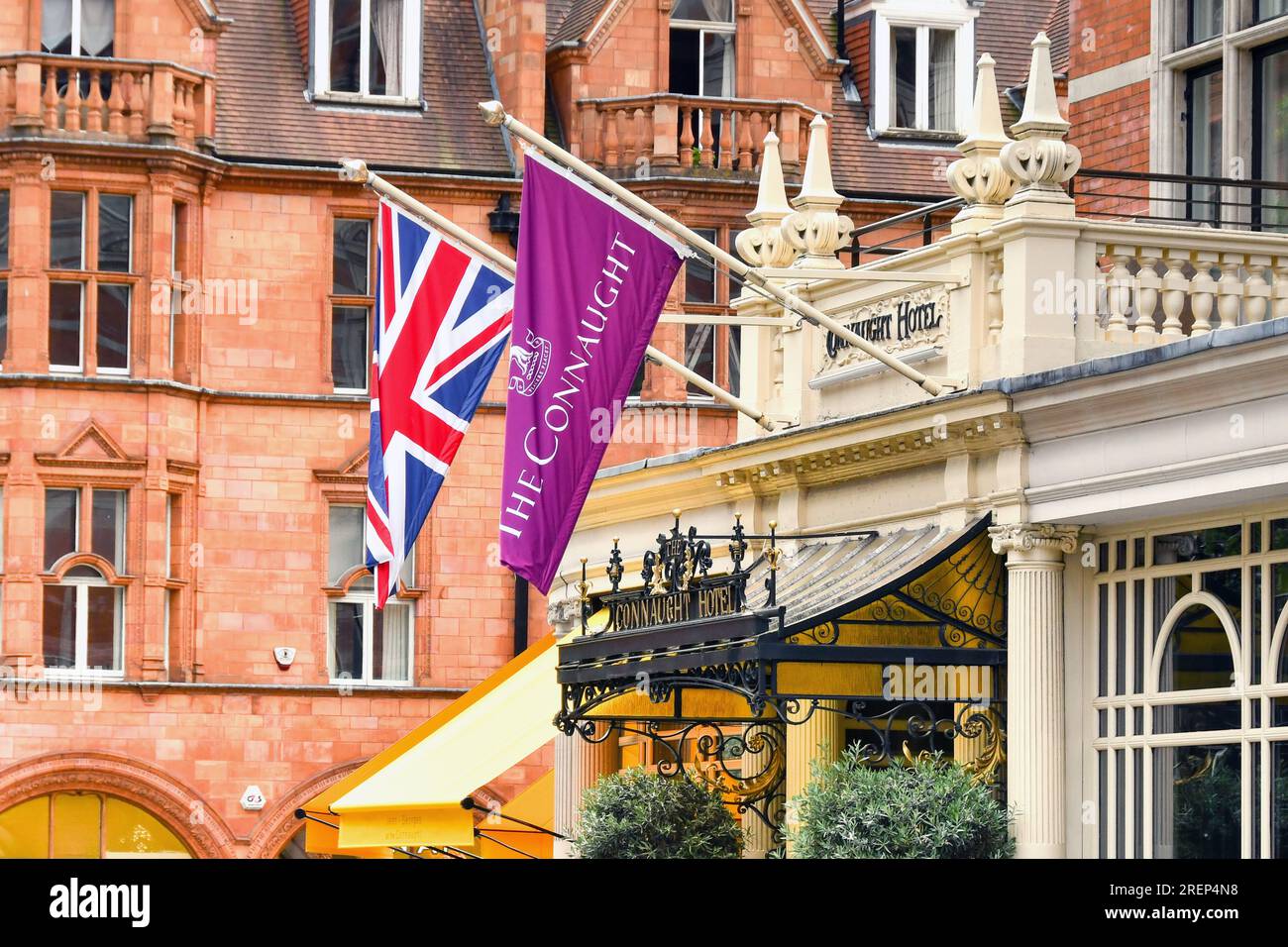 London, England, UK - 28 June 2023: Entrance to The Connaught Hotel in Mayfair in central London Stock Photo