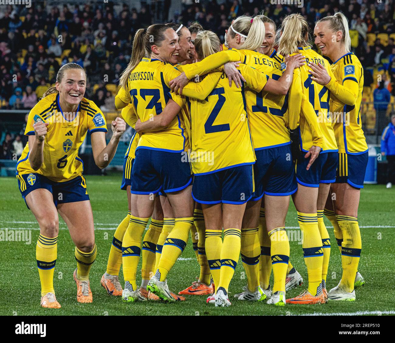 Wellington, Wellington, New Zealand. 29th July, 2023. The Sweden Women's Team celebrate their fourth goal during the 2023 FIFA Womens World Cup Group G match between Sweden and Italy at the Wellington Regional Stadium in Wellington, New Zealand (Credit Image: ©James Foy/Alamy Live News) Stock Photo