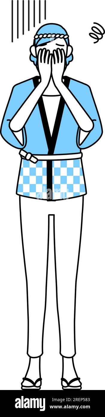 Senior woman wearing Happi coat for summer festivals covering her face ...