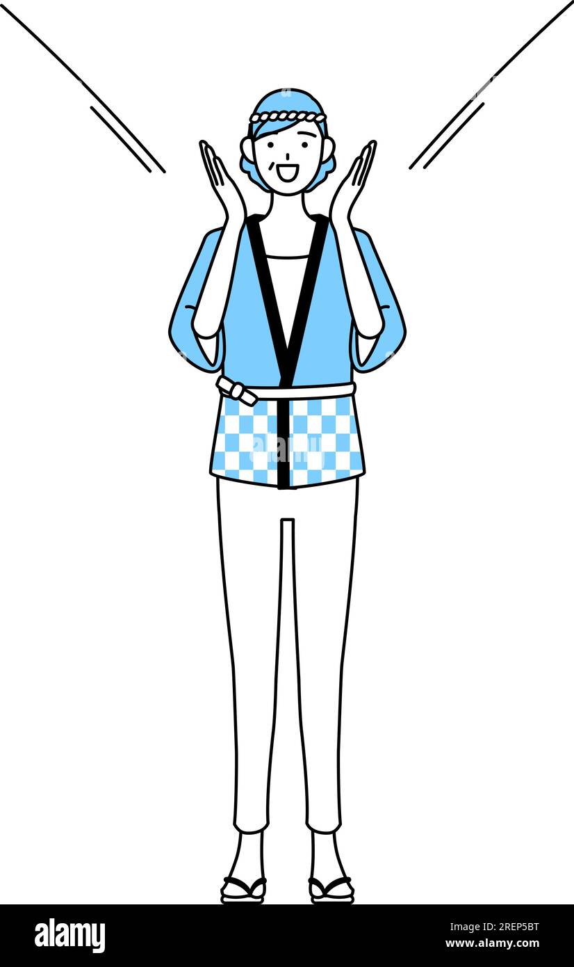 Senior woman wearing Happi coat for summer festivals calling out with ...