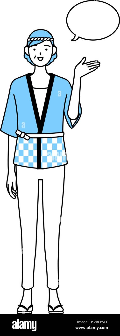 Senior woman wearing Happi coat for summer festivals giving directions ...
