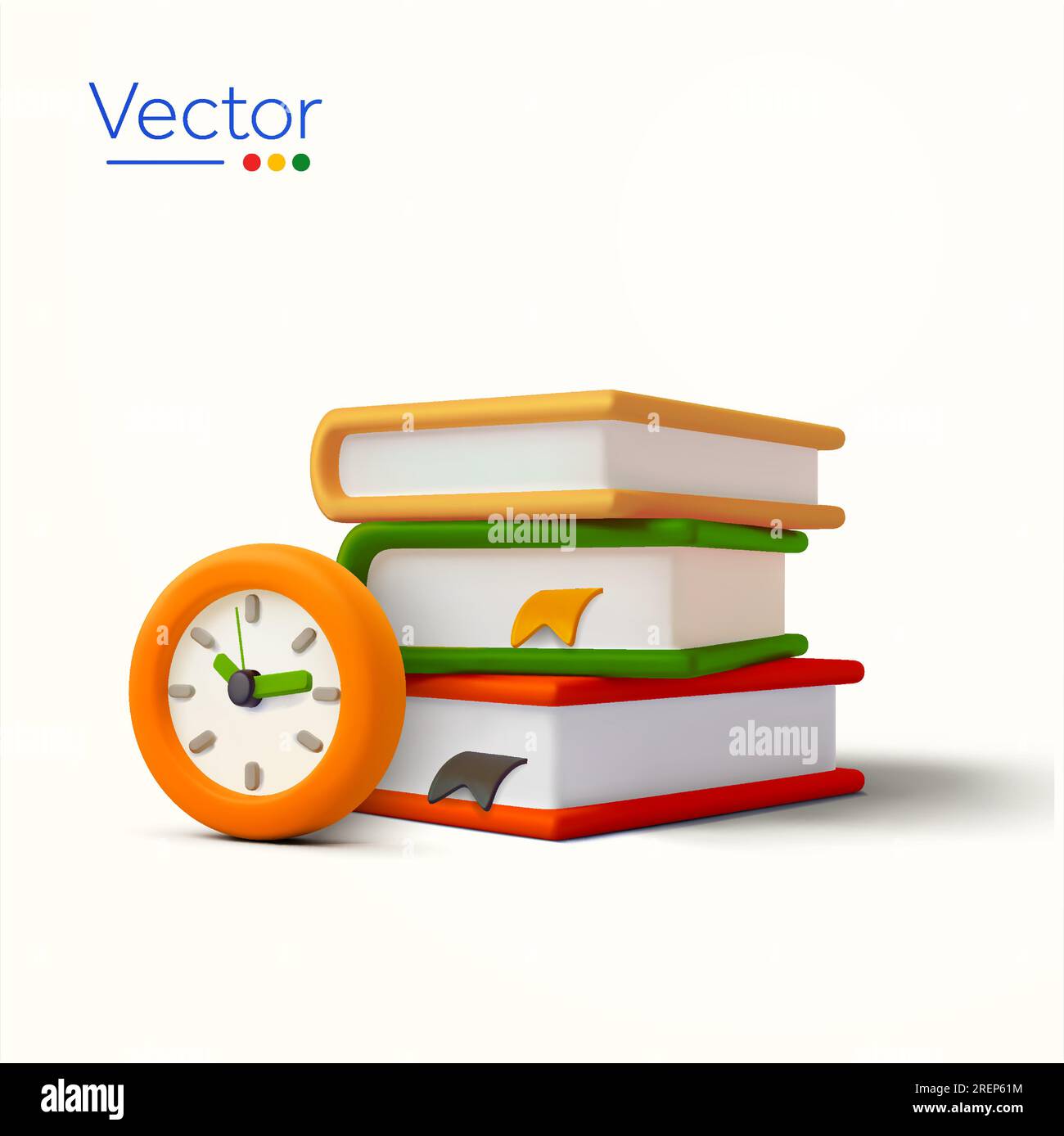 3d pile of books with orange clock, isolated on white background. Concept for time to study banner, back to school, learning time, school time, go to class, course. 3d vector illustration. Vector illustration Stock Vector