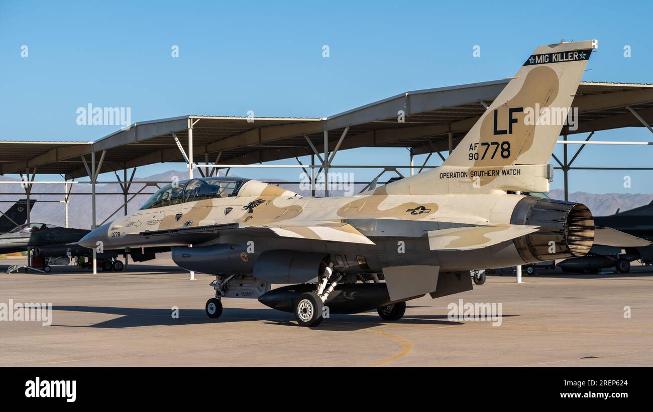 An F-16 Fighting Falcon taxis before takeoff, July 10, 2023, at Luke Air Force Base, Arizona. U.S. Air Force photo by Senior Airman Dominic Tyler Stock Photo
