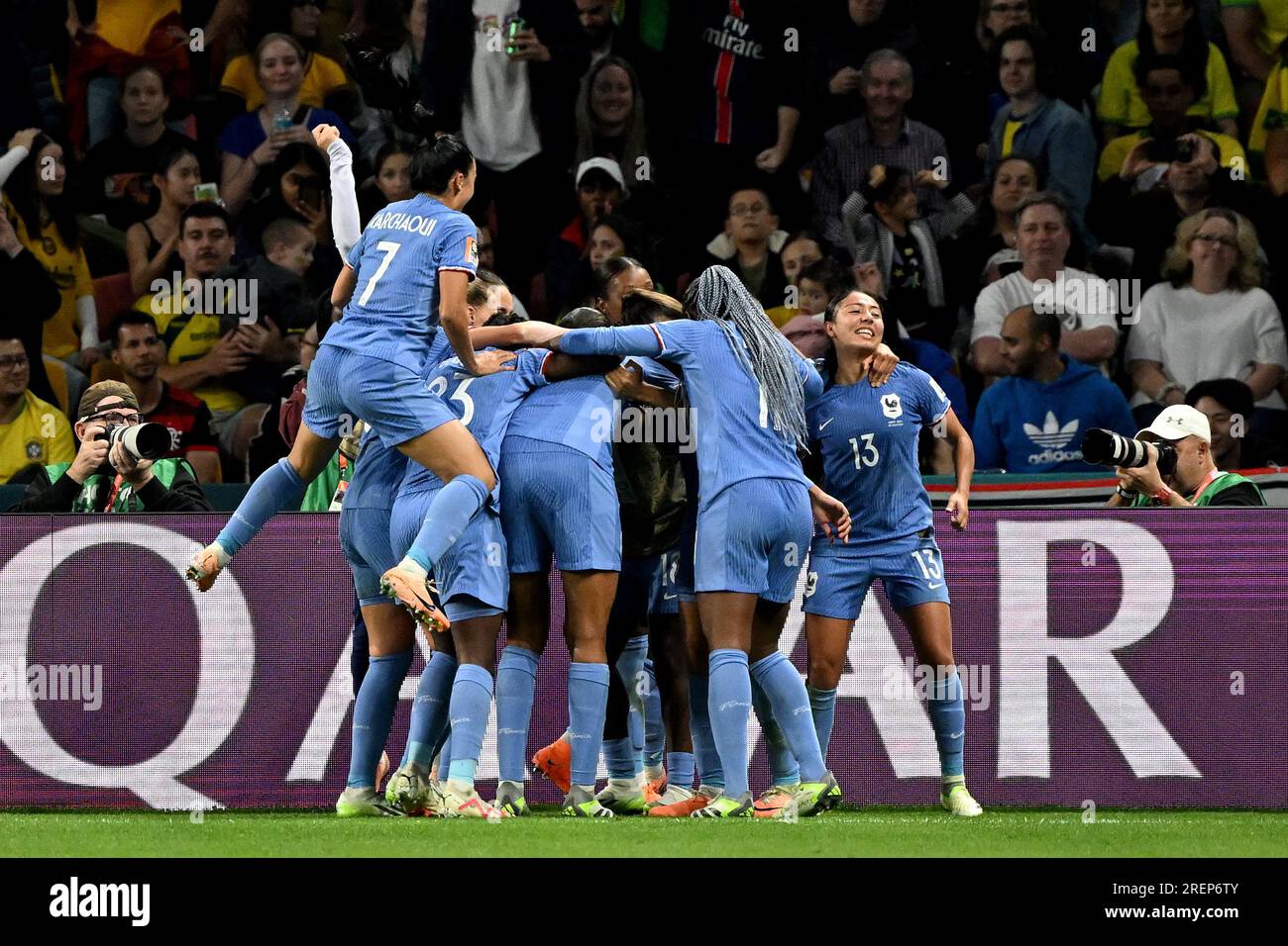 Brisbane, Australia. 29th July, 2023. France celebrate a Wendie Renard goal  during the FIFA Women's World Cup 2023 soccer match between France and  Brazil at Brisbane Stadium in Brisbane, Saturday, July 29,