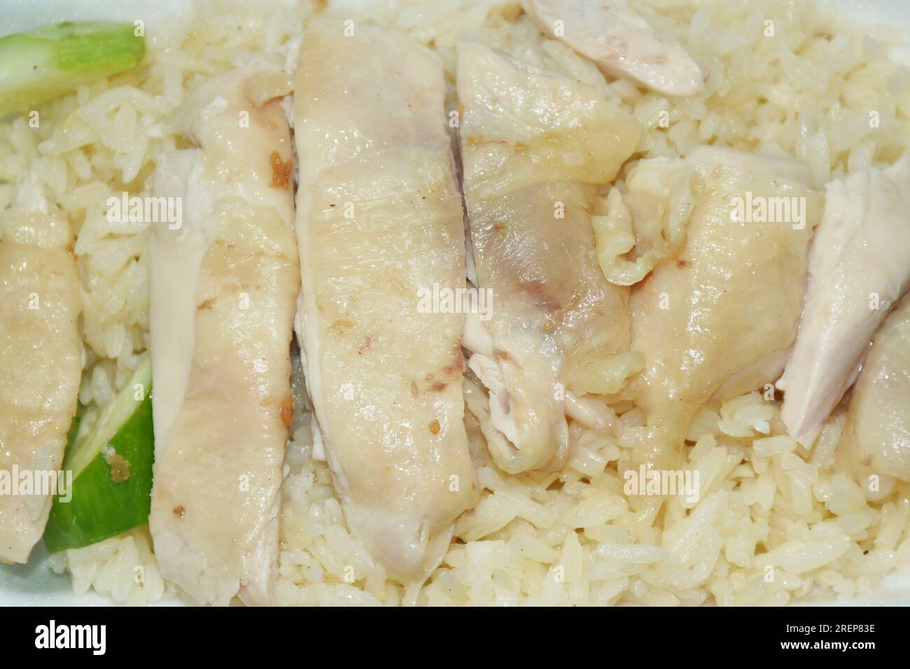 steamed rice topping boiled chicken with sauce and soup on foam ...