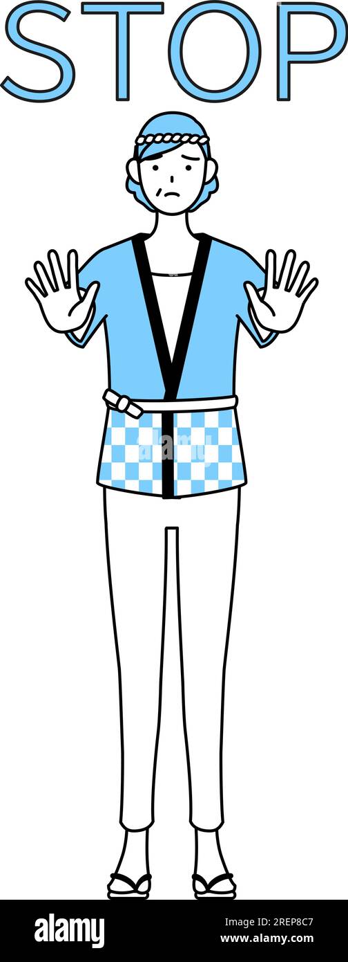 Senior woman wearing Happi coat for summer festivals with her hands out ...