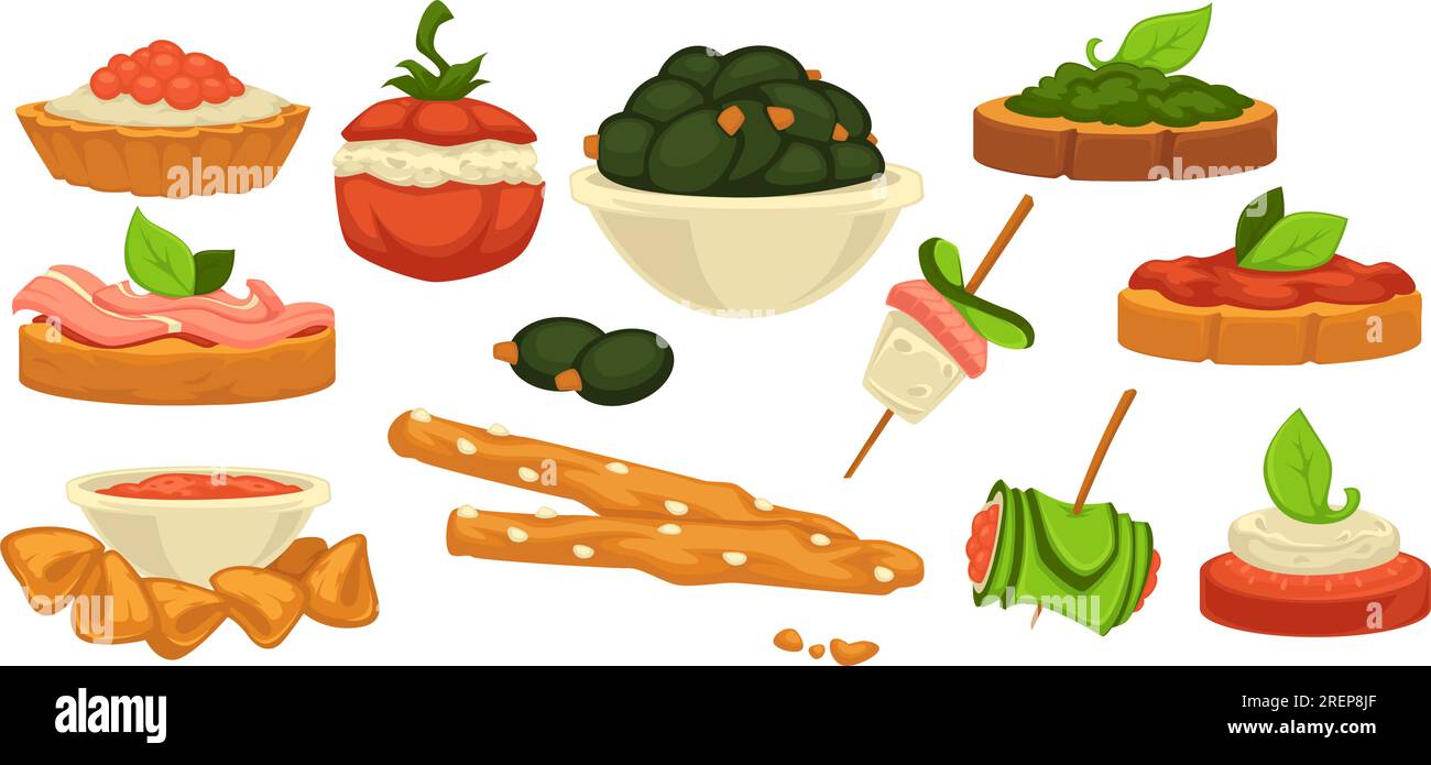 Variety of snacks and appetizers, canape and delicious food. Bread with