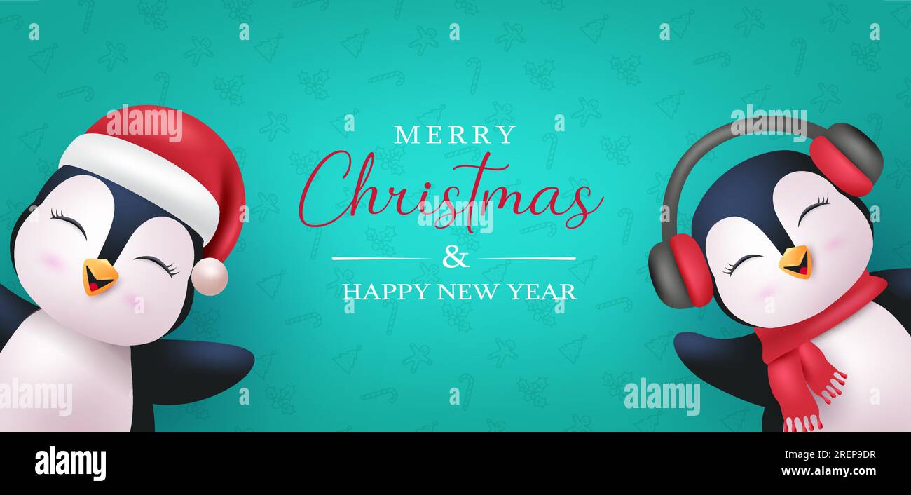 Merry christmas greeting text vector design. Christmas penguin characters wearing santa hat and headphone for holiday season card background. Vector Stock Vector