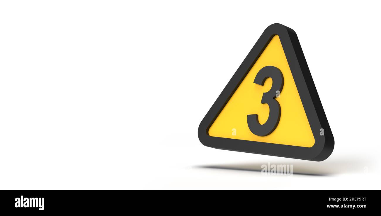 Caution concept: Warning triangle sign with Number 3 symbol on framed yellow geometric icon on white empty background. 3D render design copy space Stock Photo