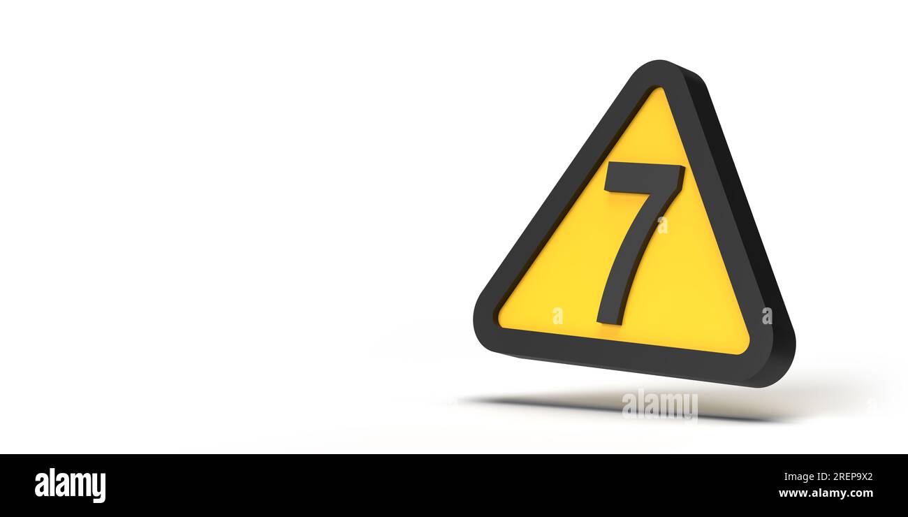 Caution concept: Warning triangle sign with Number 7 symbol on framed yellow geometric icon on white empty background. 3D render design copy space Stock Photo
