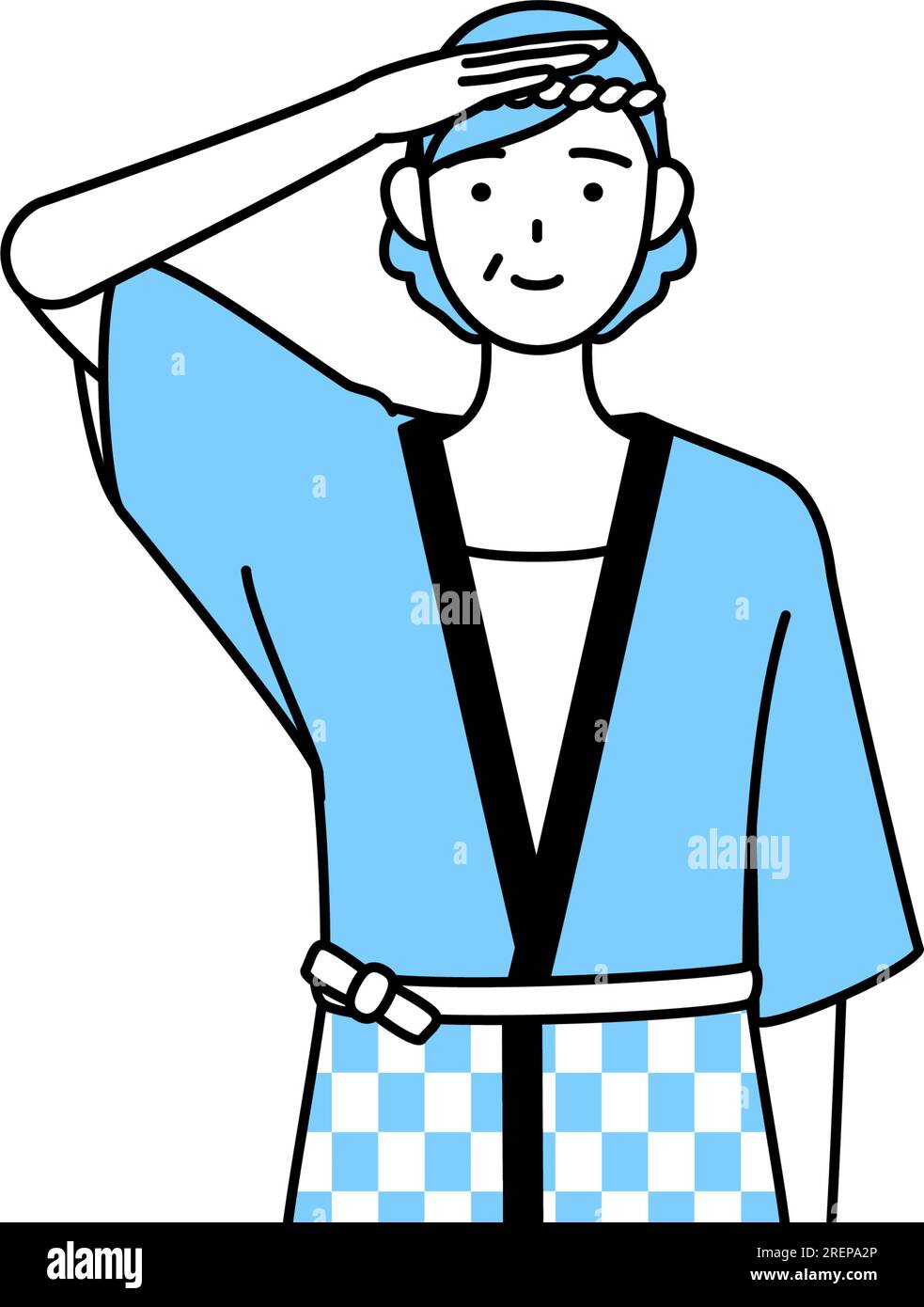 Senior woman wearing Happi coat for summer festivals making a salute ...