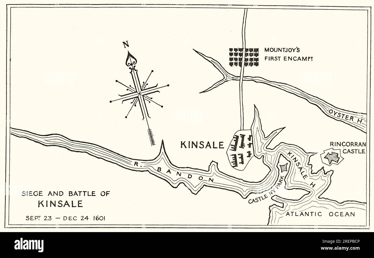 A 17th century plan of the siege of Kinsale, in County Cork, Ireland, also known as the Battle of Kinsale, was the ultimate battle in England's conquest of Gaelic Ireland, commencing in October 1601, near the end of the reign of Queen Elizabeth I, and at the climax of the Nine Years' War—a campaign by Hugh O'Neill, Hugh Roe O'Donnell and other Irish lords against English rule.  Owing to Spanish involvement and the strategic advantages to be gained, the battle also formed part of the Anglo-Spanish War, the wider conflict of Protestant England against Catholic Spain. Stock Photo