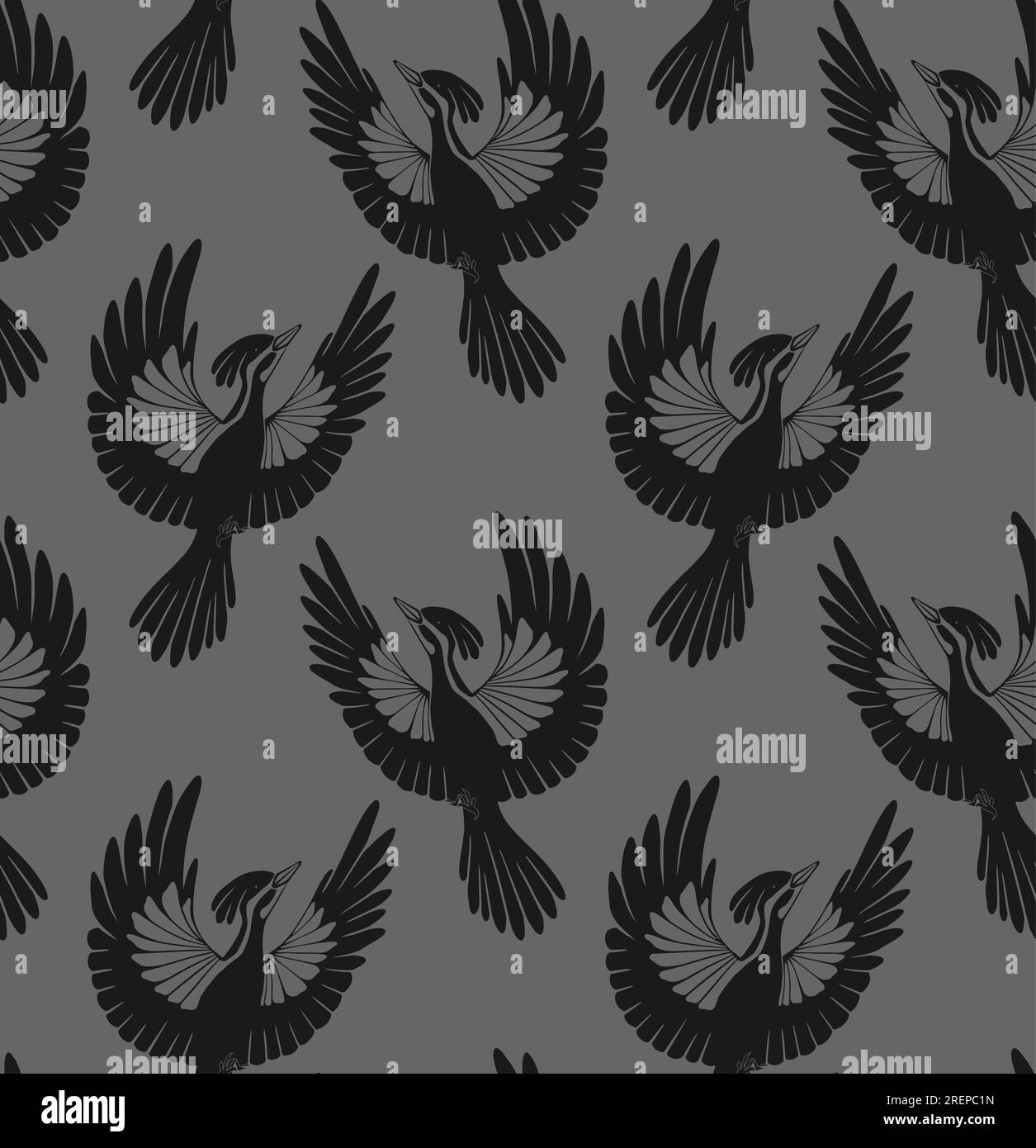 Seamless vector pattern of flying woodpeckers silhouettes. Dark texture