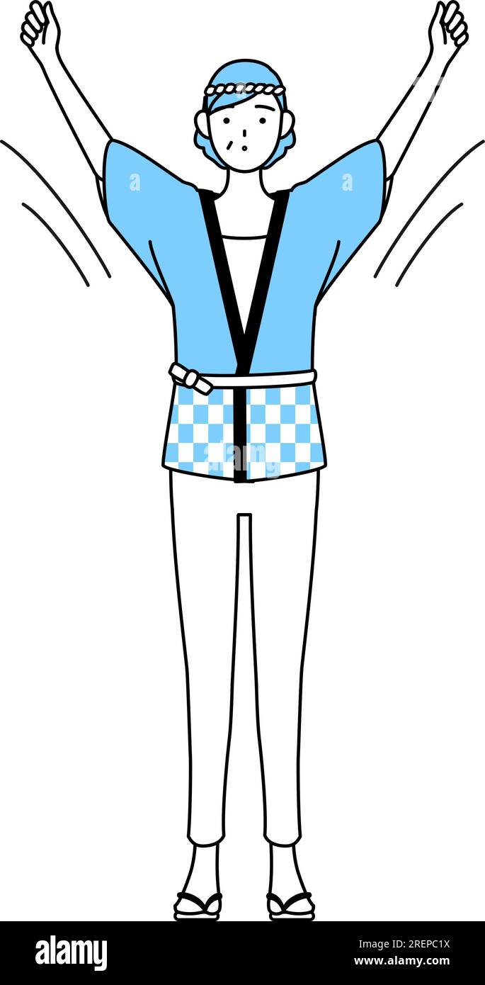 Senior woman wearing Happi coat for summer festivals doing radio ...