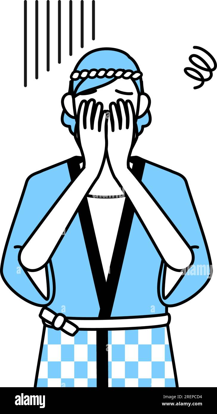 Senior woman wearing Happi coat for summer festivals covering her face ...