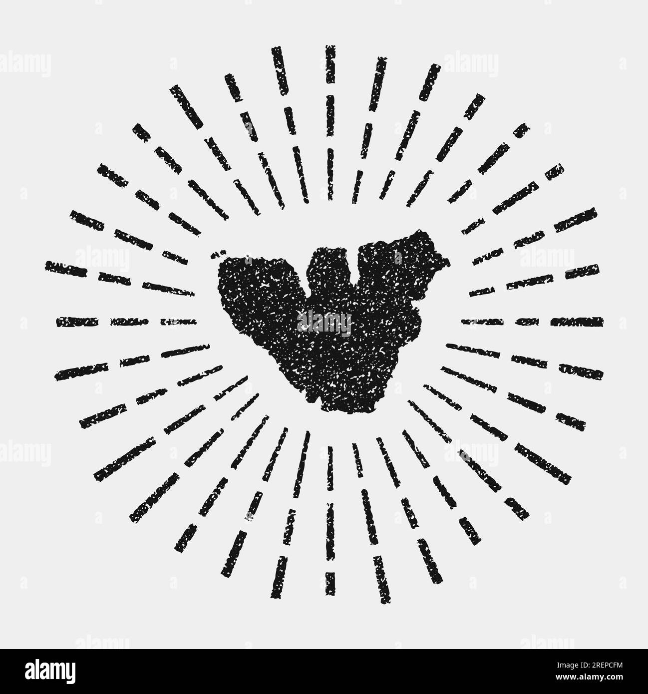 Vintage map of Moorea. Grunge sunburst around the island. Black Moorea