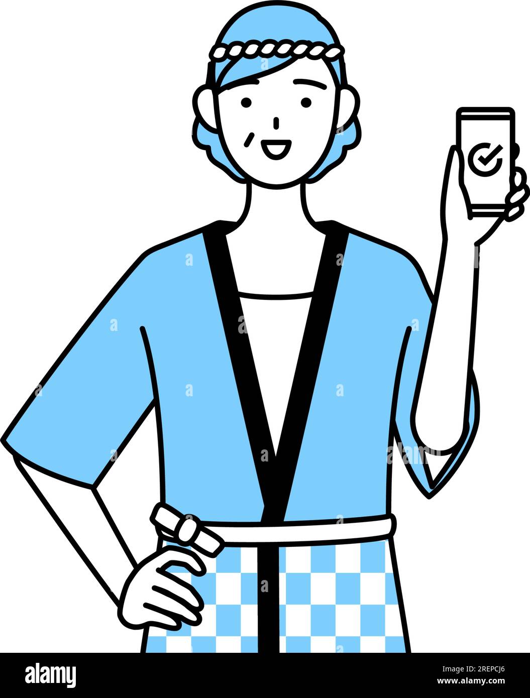 Senior woman wearing Happi coat for summer festivals using a smartphone at work, Vector Illustration Stock Vector