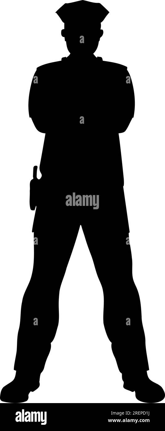 Policeman standing with arms crossed silhouette. vector illustration Stock Vector