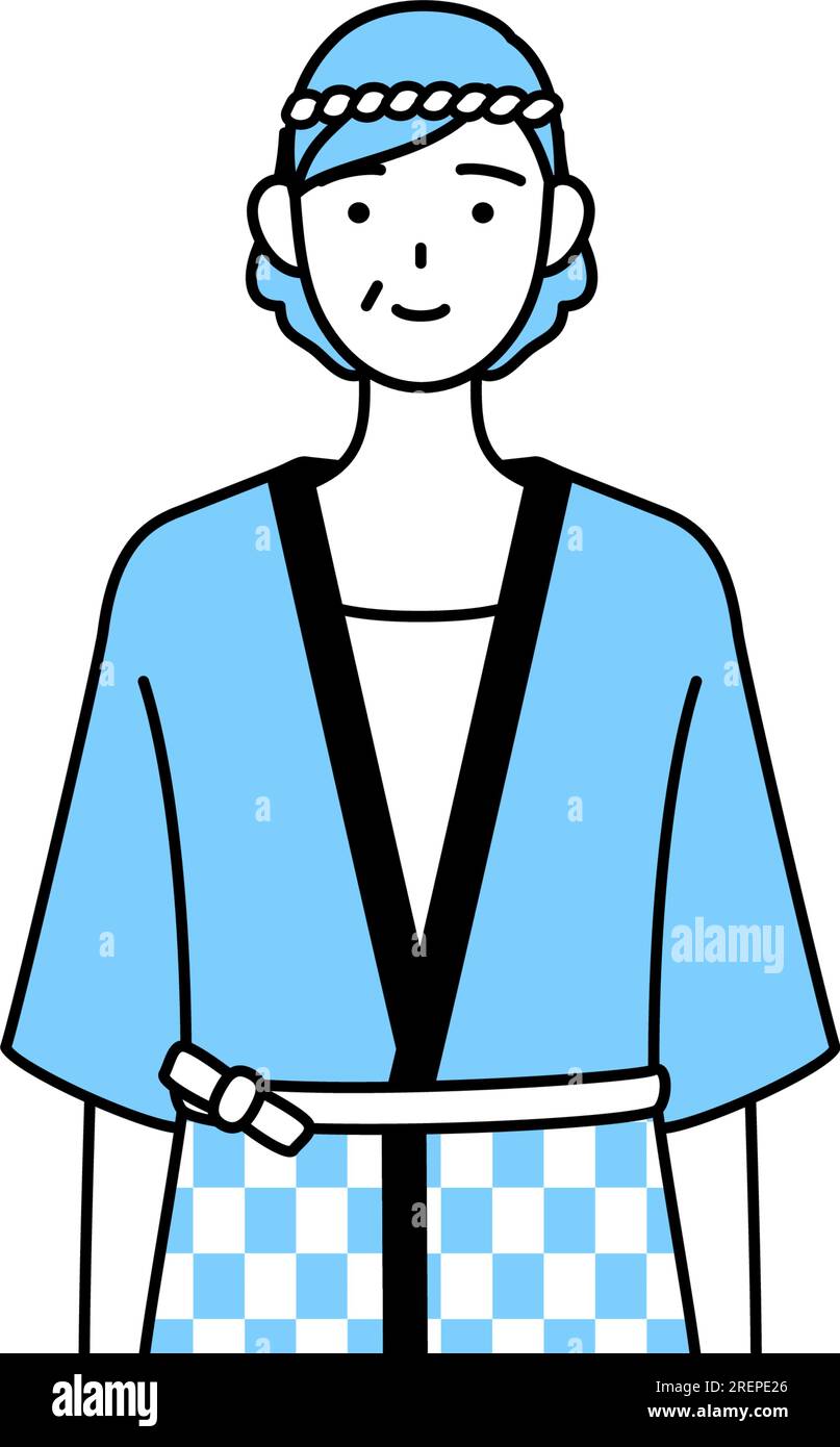 Senior woman wearing Happi coat for summer festivals with a smile ...