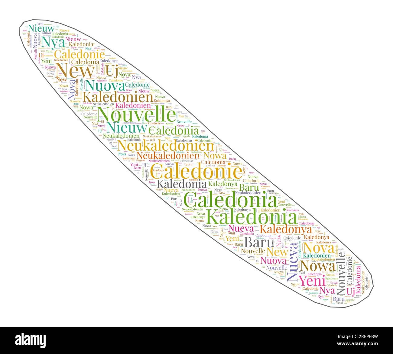 New Caledonia shape filled with country name in many languages. New ...