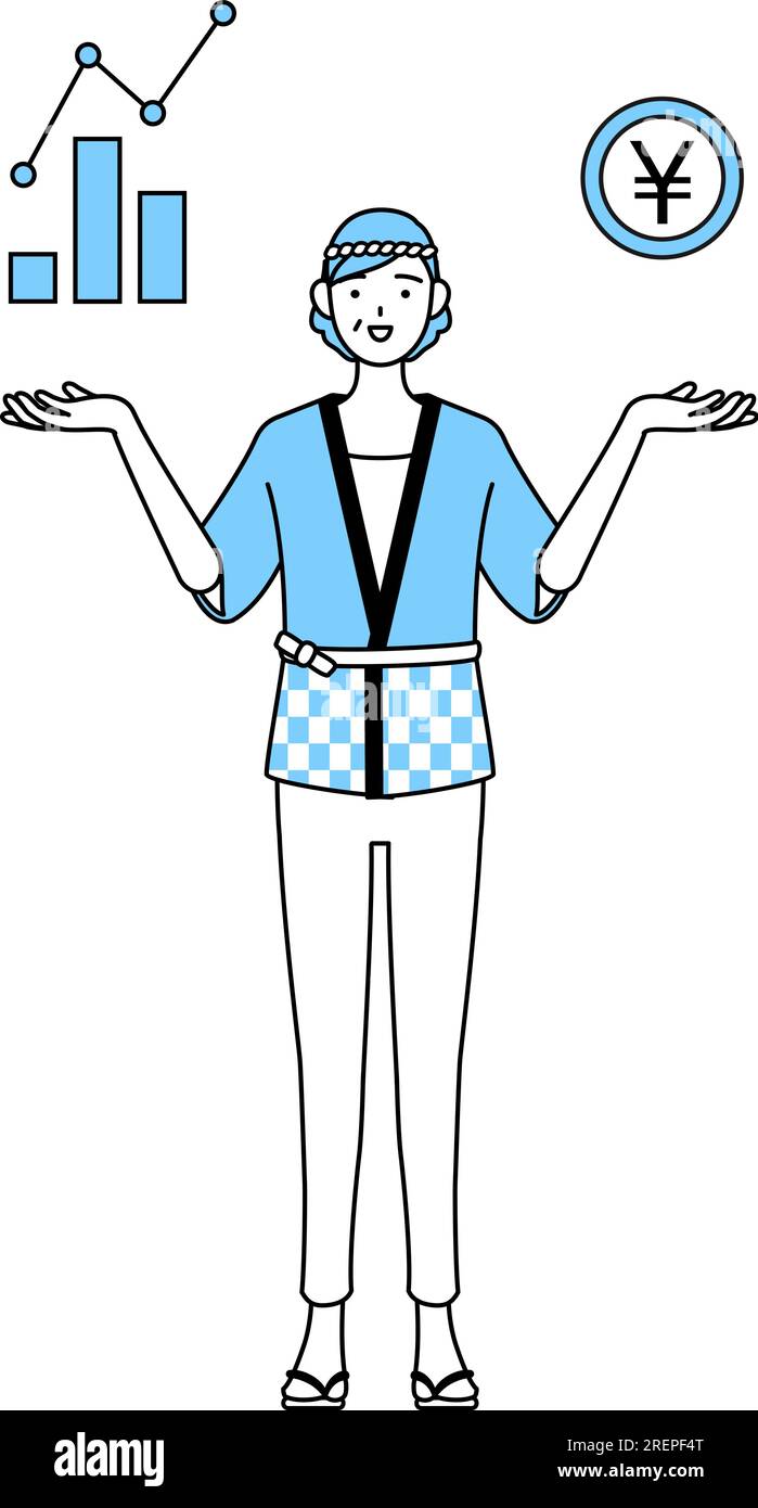 Senior woman wearing Happi coat for summer festivals guiding an image ...