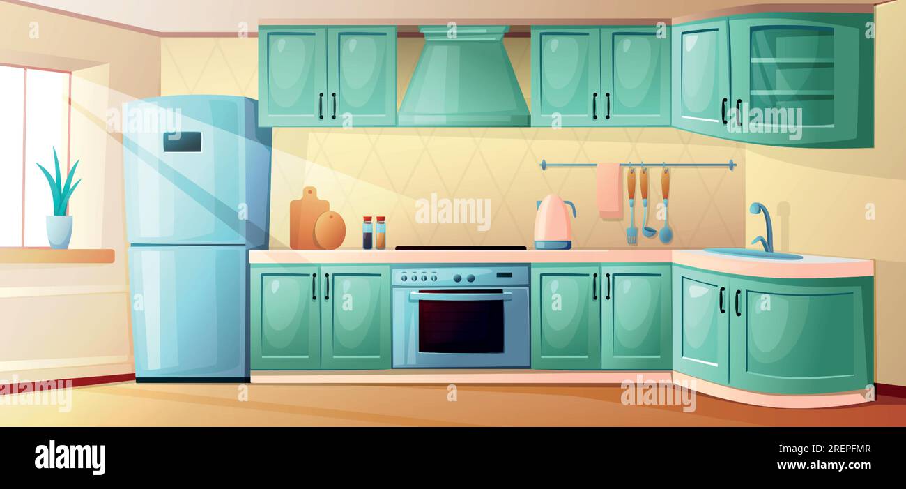 Kitchen interior. Inside cartoon room. House with windows and dining table. Furniture for cooking. Retro fridge and stove. Household appliances on counter. Empty apartment. Vector cozy illustration Stock Vector