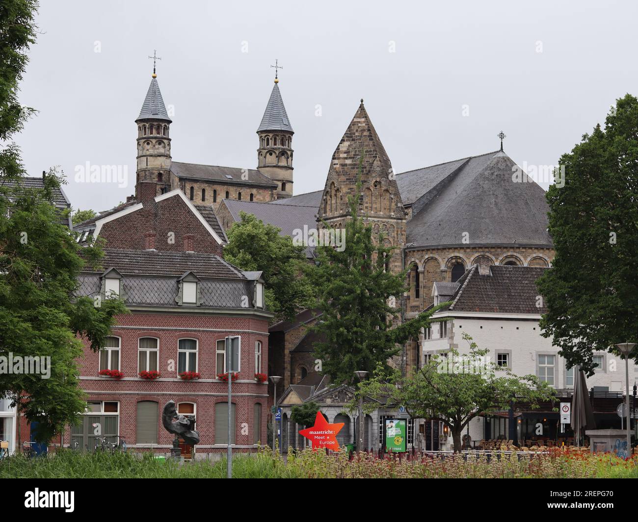 View of the Basiliek van Onze Lieve Vrouwe (Basilica of Our Lady) Romanesque Catholic church in