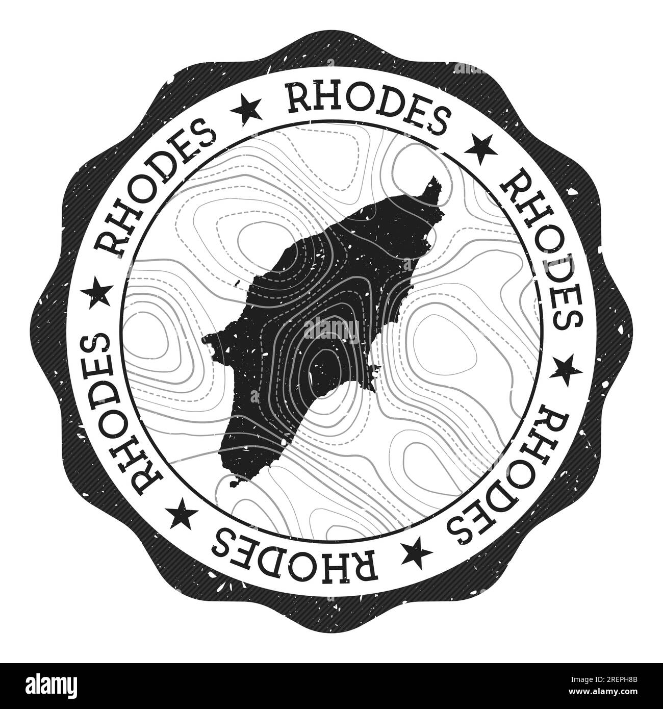 Rhodes outdoor stamp. Round sticker with map of island with topographic isolines. Vector illustration. Stock Vector