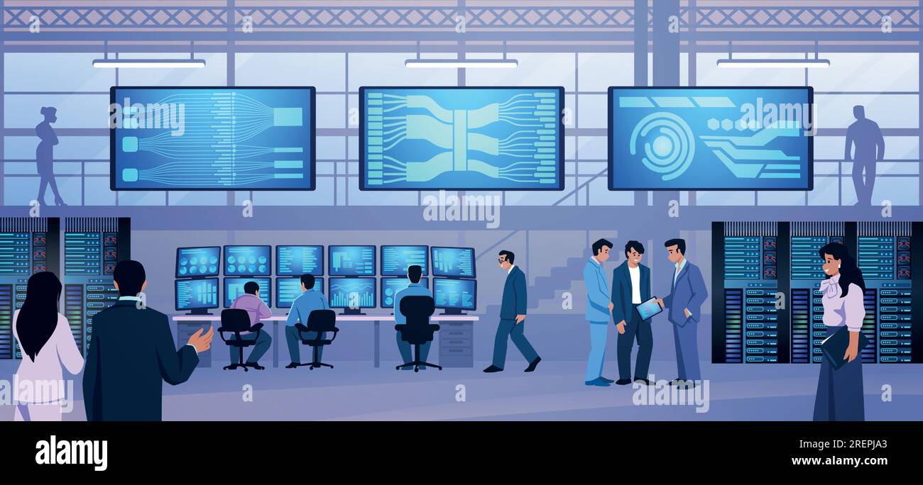 Data control. Room center. Operators in government office. Computer ...