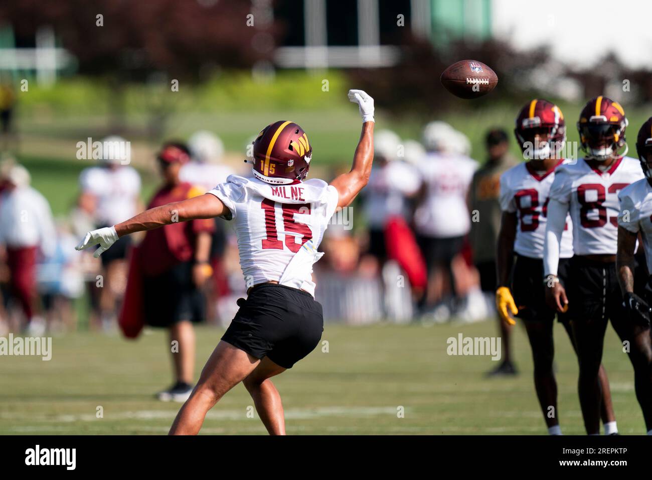 Washington Commanders wide receiver Dax Milne drops the ball during a NFL  football practice at the team's training facility, Saturday, July 29, 2023,  in Ashburn, Va. (AP Photo/Stephanie Scarbrough Stock Photo - Alamy