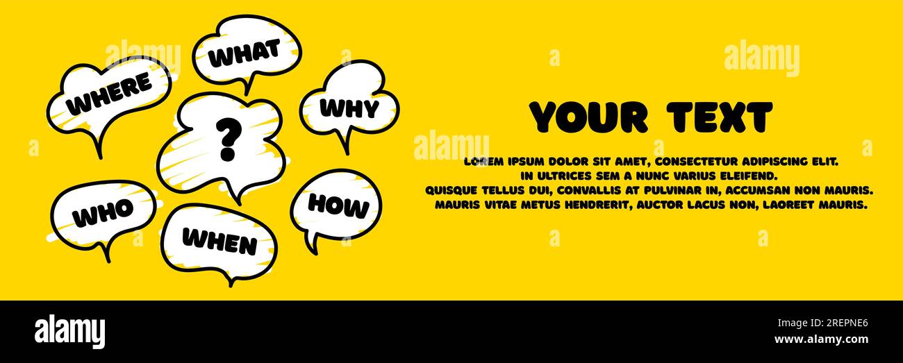 Question who, what, how, why, for what and where. Doodle speech bubbles ...