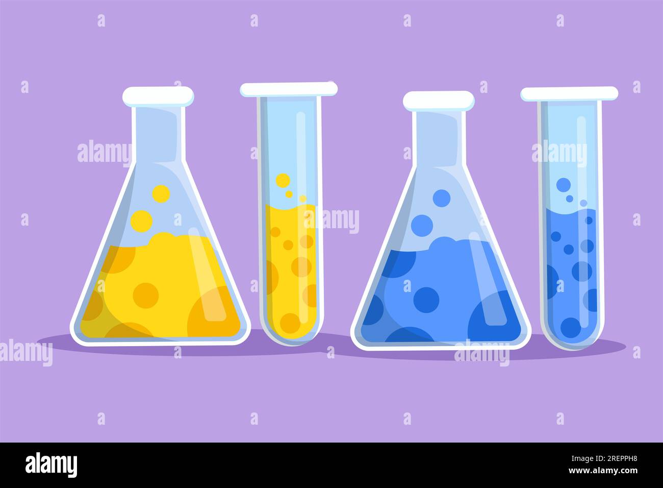 Character flat drawing stylized chemical research laboratory equipment logo, label, symbol. Chemistry laboratory glassware. Graduated lab test tube, b Stock Photo