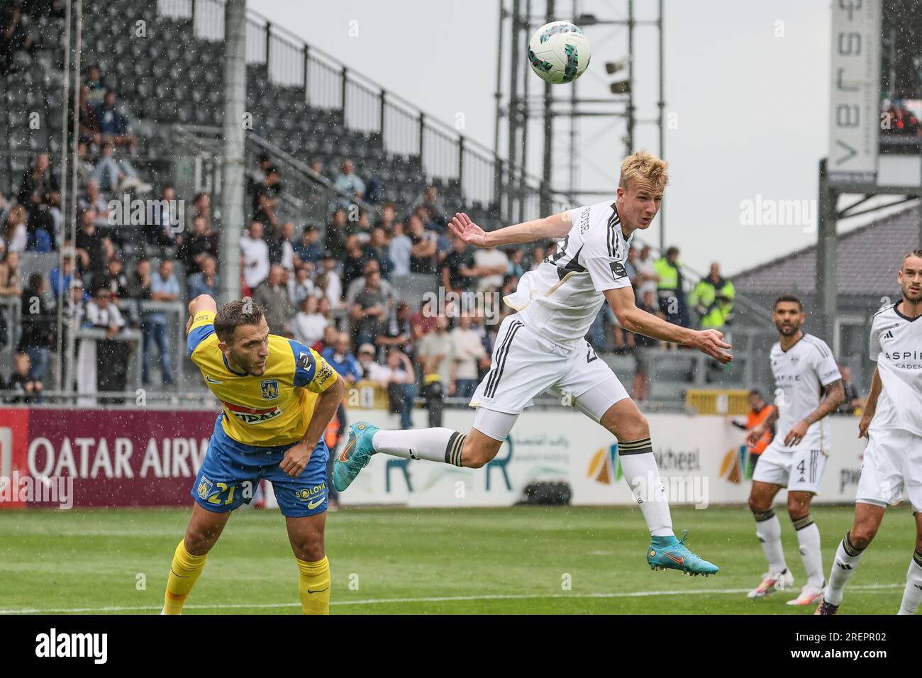 Eupen, Belgium. 29th July, 2023. Westerlo's Erdon Daci and Eupen's Rune  Paeshuyse fight for the ball during a soccer match between KAS Eupen and  KVC Westerlo, Saturday 29 July 2023 in Eupen,